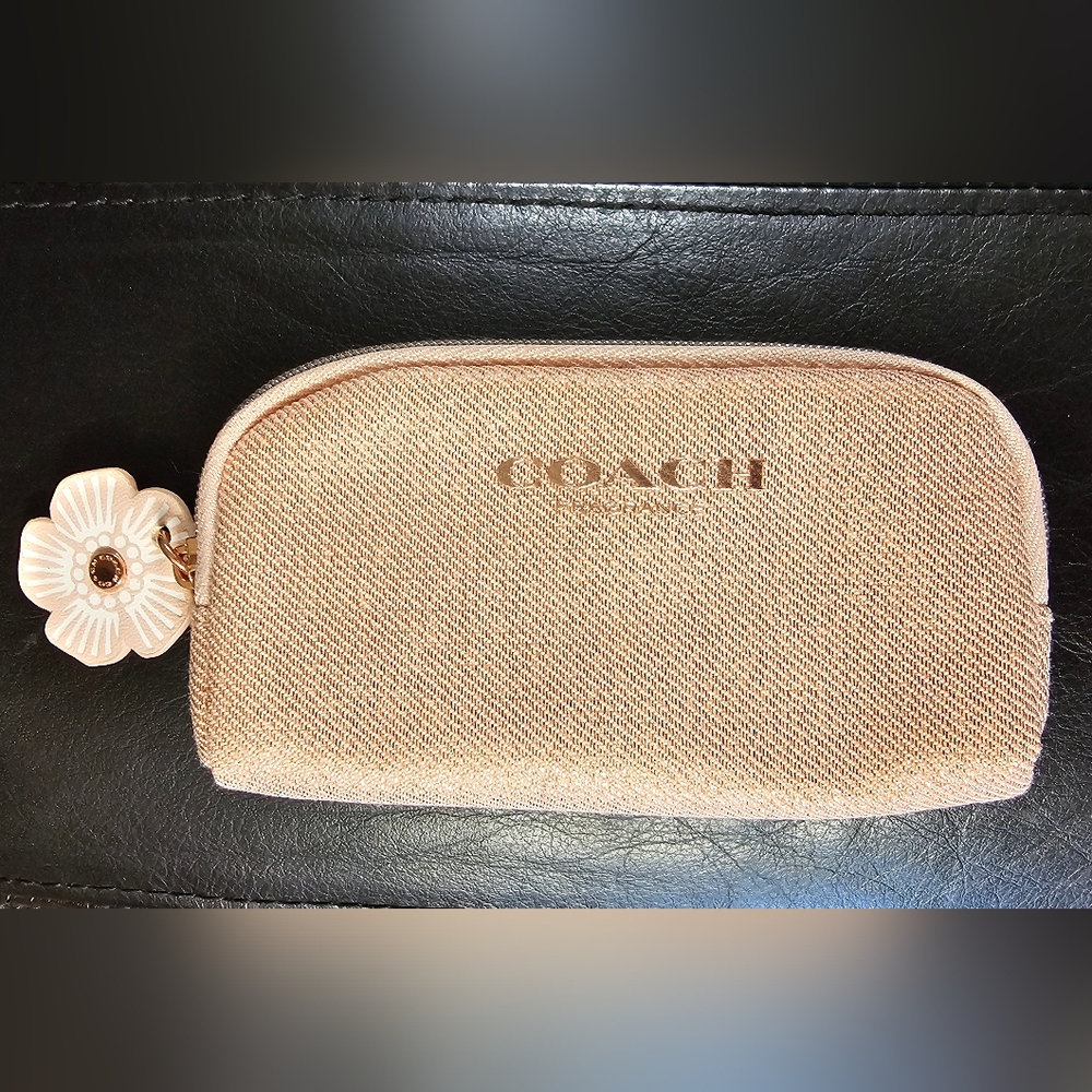 Coach Pink Shimmer zipper coin Pouch with Flower charm pull Rosegold NWOT - Picture 11 of 16